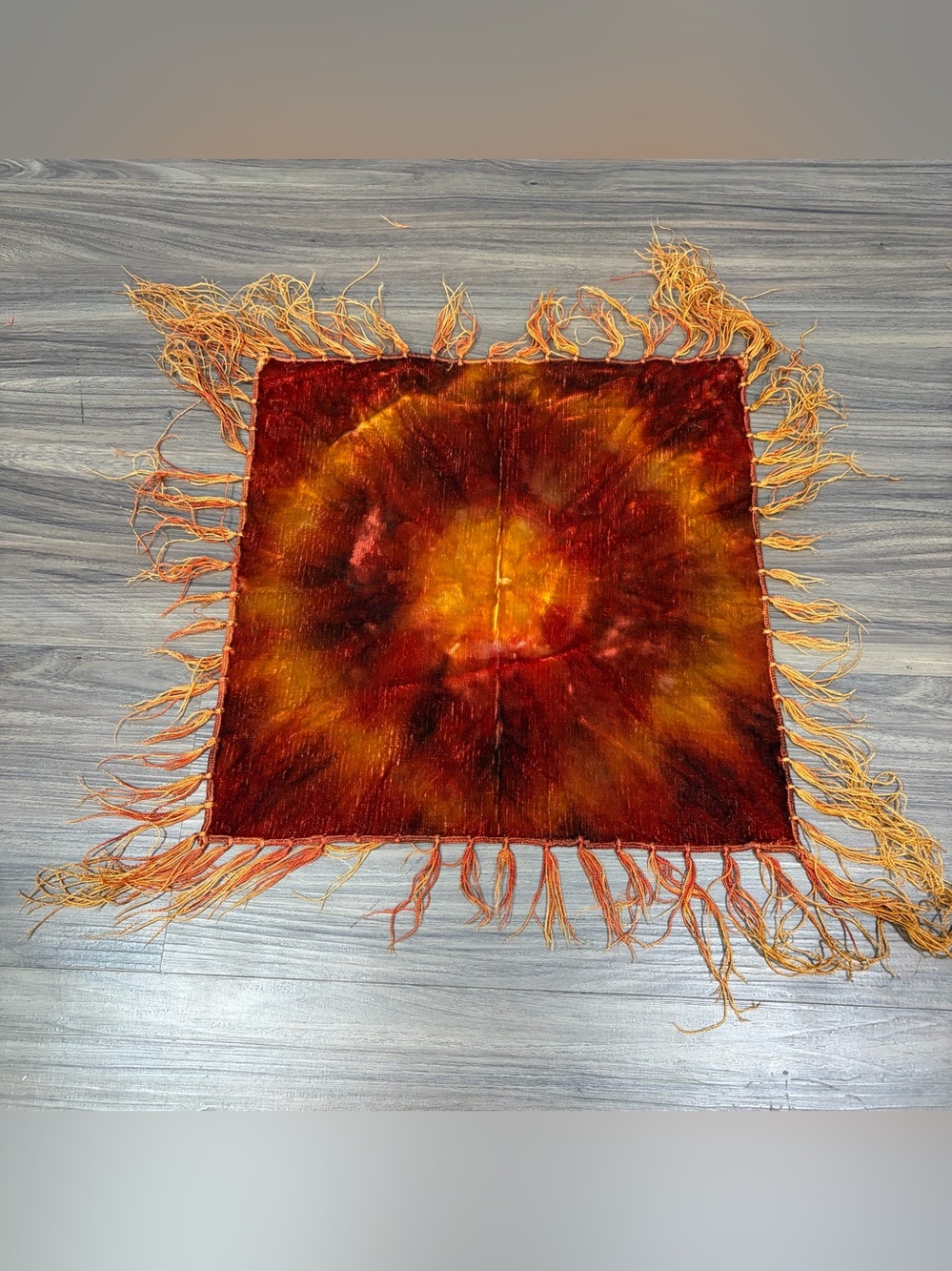 Antique Red Orange Velvet Tie Dye Table Runner Dresser Scarf Fringe 12 x12"